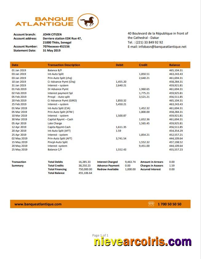Senegal Banque Atlantique bank statement easy to fill in Word and PDF format